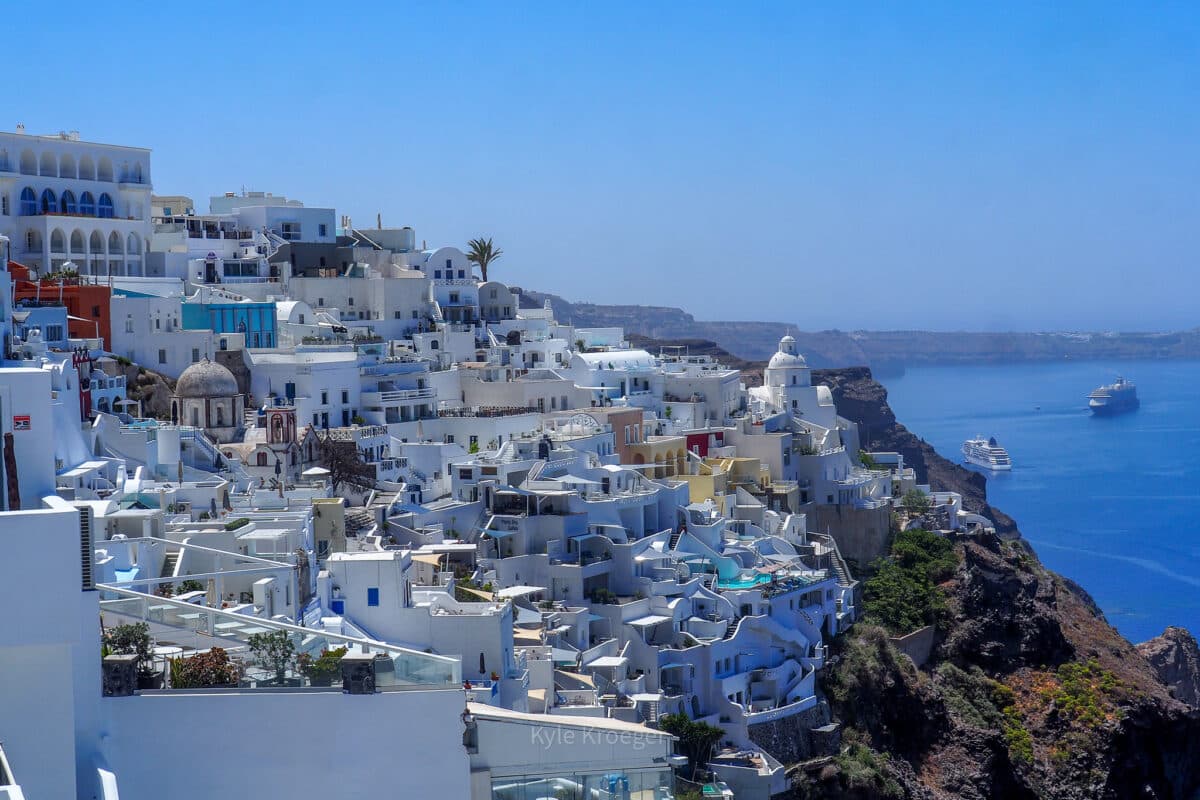 Panoramic view of Greek islands with whitewashed villages and azure Mediterranean waters